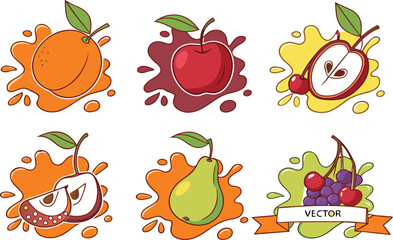 A collection of colorful vector fruit and berries, including apple, strawberry, orange, banana, pear, and cherry, perfect for a healthy food illustration set