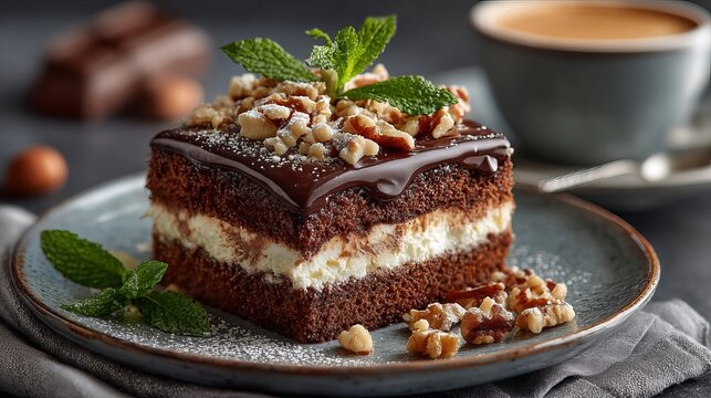 Indulge in this decadent chocolate cake with creamy layers, walnut topping, and a rich glaze - perfect for dessert menus and culinary promotions