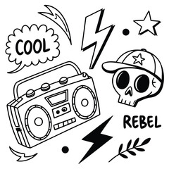 Cool rebel skull and boombox doodle with lightning and stars