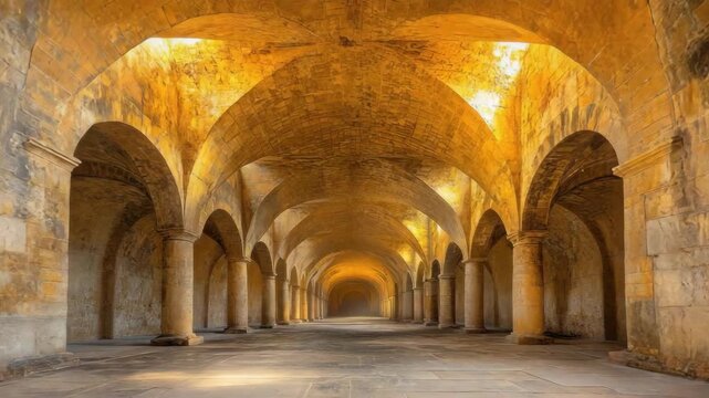 Arched hallway with pillars and stone ceiling fading to light