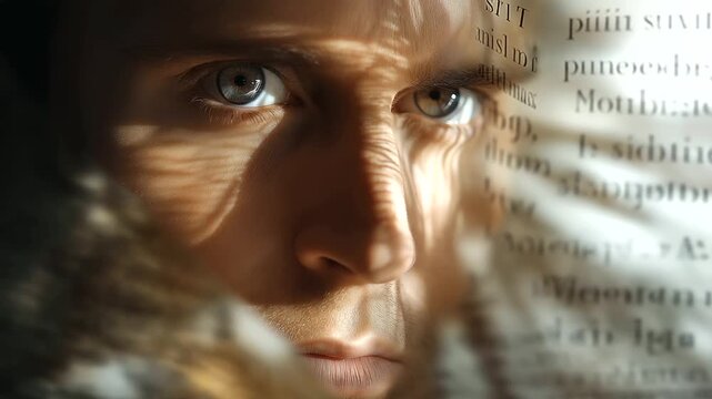 A face splits with text, the intriguing scene illuminated by gentle light. Face, text, with copy space