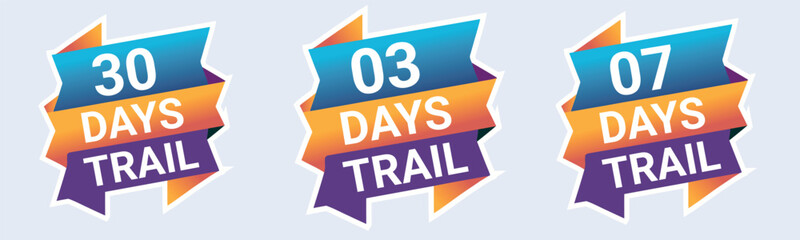 Colorful banners displaying trial periods with day counts prominently featured