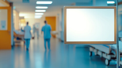 Fototapeta premium empty white signboard hanging on a hospital corridor