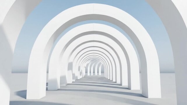 Endless white arches create a minimalist tunnel perspective with soft light and shadows