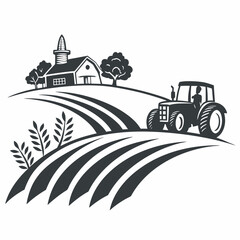 Naklejka premium Monochrome vector illustration of tractor working on farm with barn