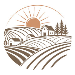 Farm fields landscape with buildings under sun decorative vector illustration
