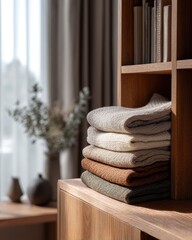 Folded Linen and Cotton Fabrics on Shelf with Soft Daylight: Cozy Minimalist Interior

