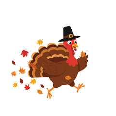 A funny turkey in a Thanksgiving hat playfully runs through a gentle wind, scattering colorful autumn leaves in this vibrant 2D flat vector on a white background.
