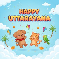 Obraz premium Cartoon dog, cat and parrot flying kites on Uttarayana festival with palm trees kite flying