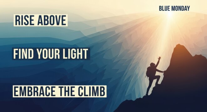 Silhouette of a lone hiker ascending a rocky mountain peak at sunrise with inspirational text overlay encouraging perseverance and self discovery