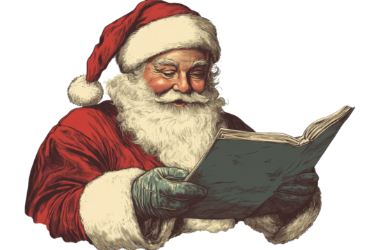 Santa Claus checks his nice and naughty list in a vintage illustration celebrating holiday traditions and joy during the Christmas season