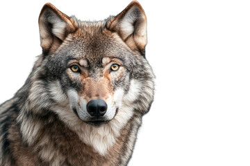 Fototapeta premium Close up view of a gray wolf displaying its sharp features and intense gaze in a calm setting, highlighting the beauty of wildlife and the spirit of nature