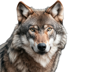 Close up view of a gray wolf displaying its sharp features and intense gaze in a calm setting, highlighting the beauty of wildlife and the spirit of nature