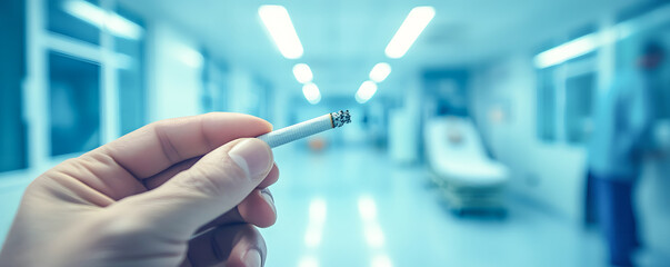 Smoking cigarette indoors in hospital corridor health risk concept
