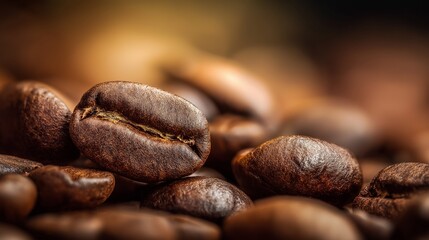 Fototapeta premium A macro background of freshly roasted coffee beans with one bean in sharp focus, set against a warm, golden bokeh light