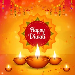 Vibrant happy diwali celebration with glowing oil lamps and traditional indian decorative elements creating a festive atmosphere