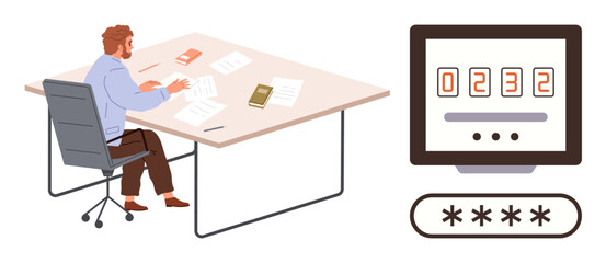 Fototapeta premium Man seated at desk typing, books and papers nearby, with a monitor showing a numeric code and password input. Ideal for security, authentication, productivity, technology, data privacy work. Simple