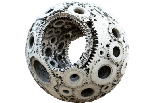 Celestial body with interlocking gears showcases intricate patterns and textures in a surreal setting, highlighting mechanical artistry and cosmic inspiration