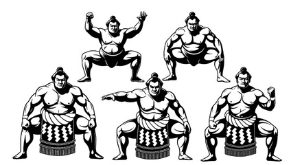 Fototapeta premium Collection of sumo wrestlers in various poses demonstrating strength and traditional stance isolated on white and transparent background