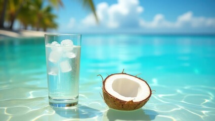 Refreshing coconut water and drink by tropical ocean beach