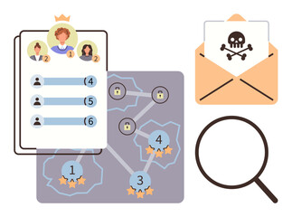 Ranking users with stars and crown, network diagram with locks, magnifying glass, and malware alert in email. Ideal for cybersecurity, data protection, ranking systems, risk detection, online safety