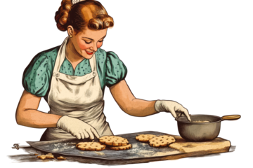 Woman baking cookies in a vintage kitchen setting, showcasing a joyful moment of creativity and warmth while preparing delicious treats for family or friends during the mid-20th century