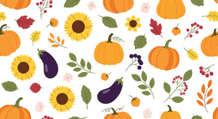 A cheerful autumn harvest pattern featuring pumpkins sunflowers and eggplant.