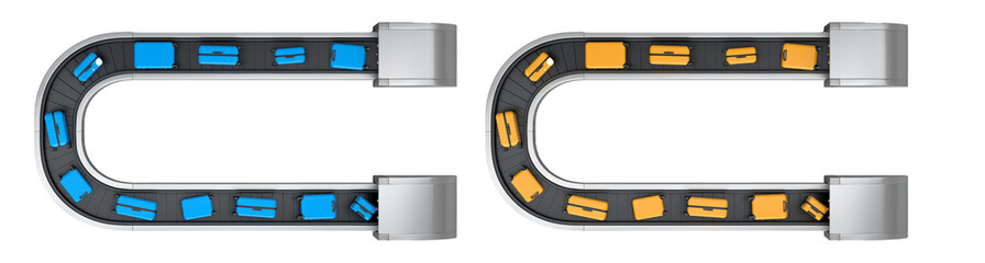 Set of Airport luggage conveyor belt or baggage claim area with suitcases on white.