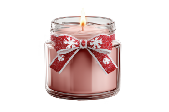 Glass jar candle with red snowflake ribbon and lit wick isolated on a transparent background image