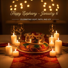 Epiphany King Cake Celebration with Candles and Wine Glasses January 6 holiday