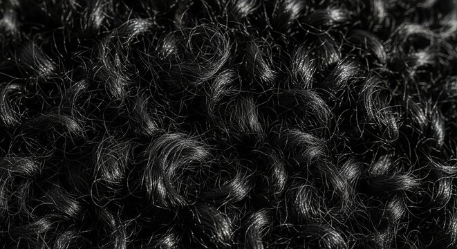 A captivating close up photograph revealing the rich intricate texture of luxurious dense natural dark black curly kinky wool fibers with depth