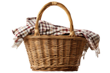Wicker picnic basket with a checkered blanket ready for outdoor dining and enjoying nature