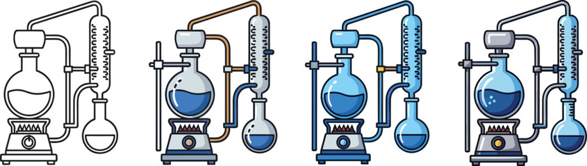 Set of Four Hydrometer in Graduated Cylinder Icons, Vector Illustrations for Science, Chemistry, Liquid Density Measurement, Specific Gravity, and Laboratory Equipment.