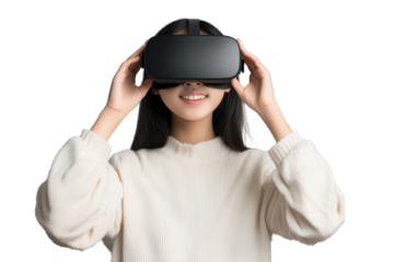 Teenage asian girl engages in virtual reality experience while enjoying immersive technology at home during the afternoon