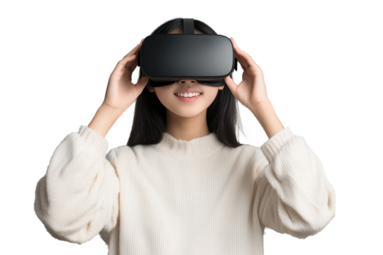 Teenage asian girl engages in virtual reality experience while enjoying immersive technology at home during the afternoon
