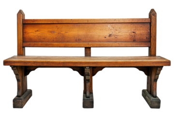 Classic wooden church pew stained with rich colors placed in a serene setting ready for worship or reflection during quiet moments in the day