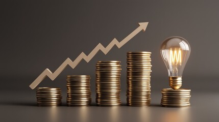 Finance growth icons showing graph arrows, coins, and lightbulb, glossy 3D look, concept of success and investment.