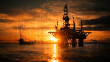 Double exposure of silhouette of oil rig in the sea over glowing sunrise and digital data lines. Concept of smart energy and technology.