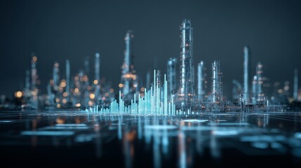 Futuristic hologram of oil refinery and data charts floating in the air, modern technology and energy innovation theme.