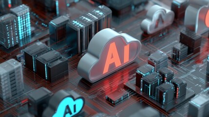 Technology icons representing cloud computing, AI, and data servers, futuristic color tone, 3D render, modern design.
