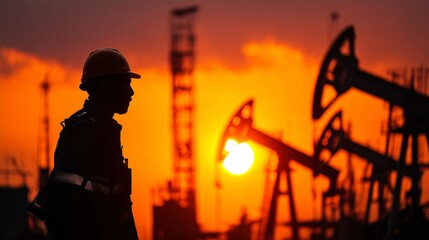 Workers in safety gear inspect a gas station with the setting sun in the background. Industrial-oriented composition.