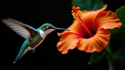 Hummingbird feeding on a bright orange hibiscus flower in a garden