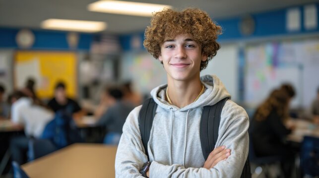 Young Hispanic male student with curly hair stands confidently in a classroom. Other students are engaged in activities in the background.