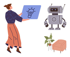 Female presenting a bright idea concept to a robot in a cozy setting with a chair and potted plant. Ideal for innovation, creativity, technology, teamwork, learning, modern workspace, simple flat