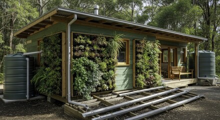Eco-friendly house with vibrant living wall and rainwater harvesting system nestled in a lush green forest, showcasing sustainable architecture and natural living