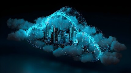 Digital representation of a cityscape enveloped by clouds, showcasing technological advancements and data.