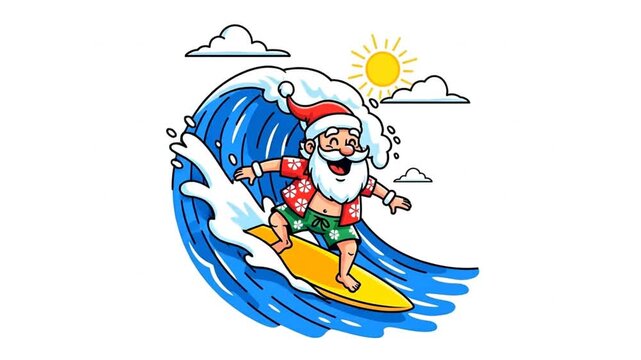 Santa Claus Surfing on Wave in Tropical Christmas Holiday Cartoon Video