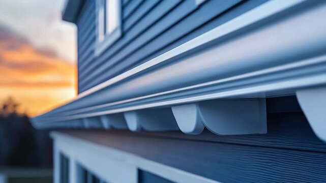Exterior detail of siding, soffit, and cornice against a sunset backdrop