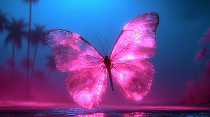 Glowing Pink Butterfly With Shimmering Wings In Blue And Purple Light Mist Tropical Night Scene
