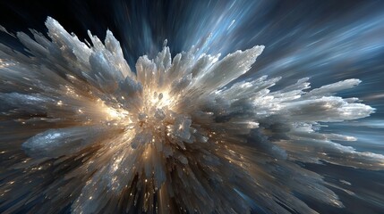 Stunning abstract fractal explosion radiating brilliant light and crystal shard energy, perfect for technology and science themes.